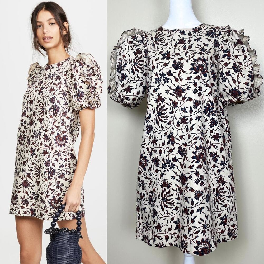 Ulla Johnson Poppy Dress Womens 6 Vine Cream Red Mini Floral Ruffle Sleeve Shift
